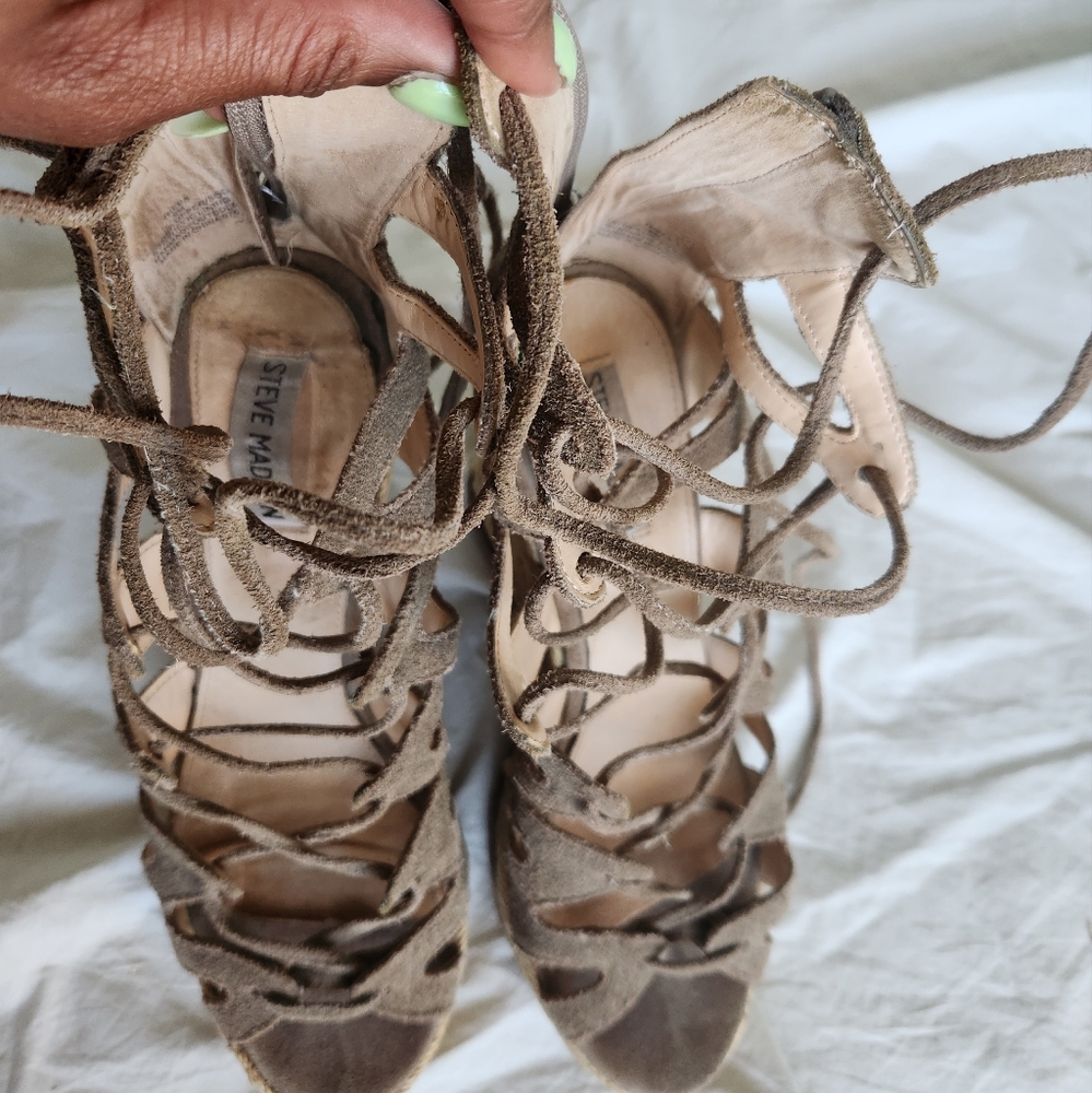 Women's Steve Madden "Theea" Taupe Suede Wedge Sandals - Picture 12 of 16